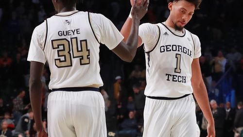 Georgia Tech forward James Banks III (right) gets five from Abdoulaye Gueye in a 52-49 loss to Virginia Tech during the second half at McCamish Pavilion on Wednesday, Jan. 9, 2019.    Curtis Compton/ccompton@ajc.com