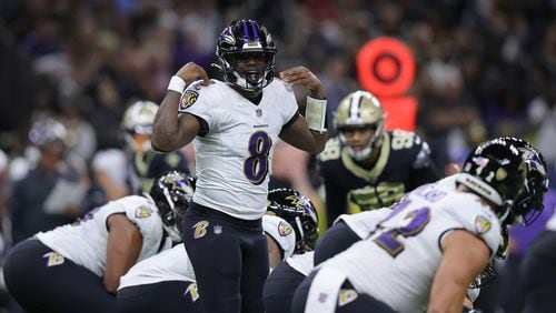 Lamar Jackson (8) of the Baltimore Ravens calls a play at the line during the first quarter against the New Orleans Saints at Caesars Superdome on Nov. 7, 2022, in New Orleans. (Jonathan Bachman/Getty Images/TNS)