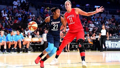 Renee Montgomery of the Atlanta Dream handles the ball against the Washington Mystics during Game 5 of the 2018 WNBA Semifinals on Sept. 04, 2018 at McCamish Pavilion in Atlanta, GA.