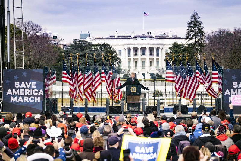 Then-President Donald Trump speaks to supporters at a rally near the White House on Jan. 6, 2021, the day of the Capitol siege. The House Select Committee investigating the siege unanimously voted this week to subpoena Trump over his actions leading up to the deadly riot. (Pete Marovich / The New York Times)