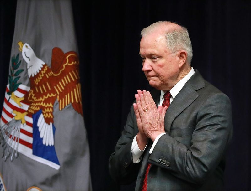 August 9, 2018, Macon: Attorney General Jeff Sessions gathers his thoughts as he takes the podium for his press conference on efforts to combat violent crime at the United Sates Attorney's Office for the Middle District of Georgia on Thursday, August 9, 2018, in Macon.  Curtis Compton/ccompton@ajc.com