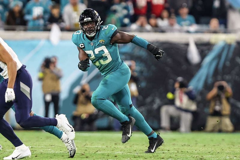 Jaguars linebacker Foye Oluokun, a former Falcon, led the NFL in tackles for the second consecutive season. (Gary McCullough file photo / Associated Press)

