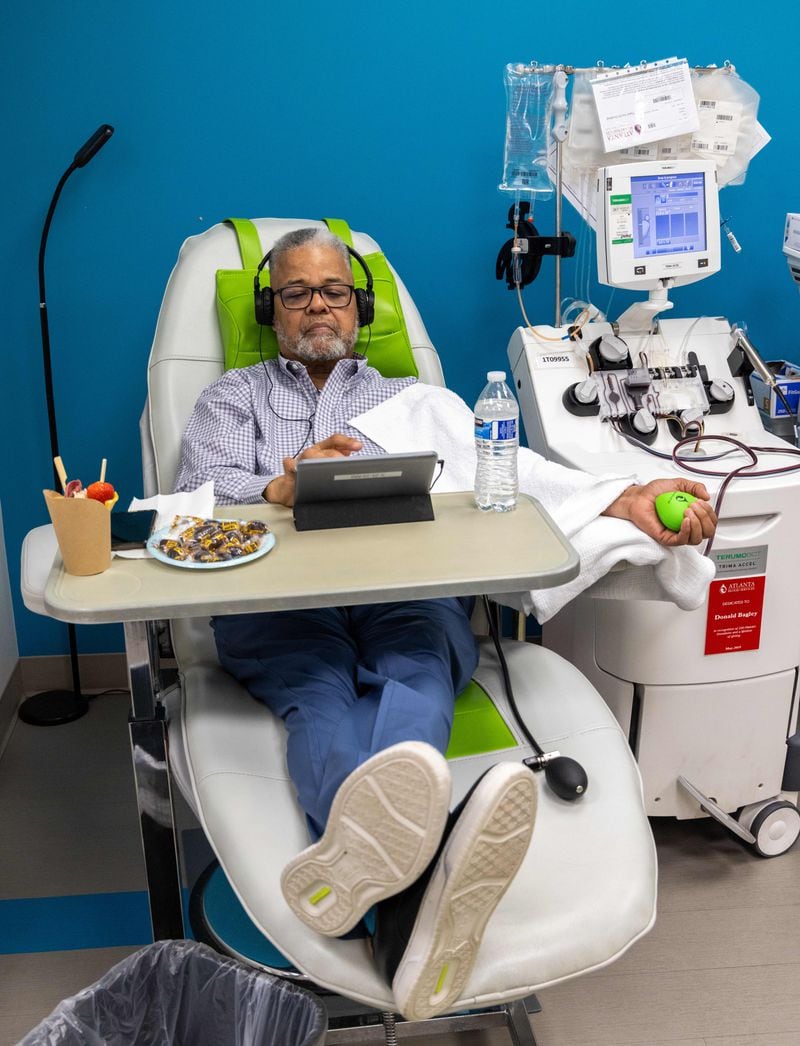 Donald Bagley gives his 300th donation of blood platelets in 17 years at Atlanta Blood Services in Northside Hospital in Atlanta. Donald is now considered a "super donor."  PHIL SKINNER FOR THE ATLANTA JOURNAL-CONSTITUTION