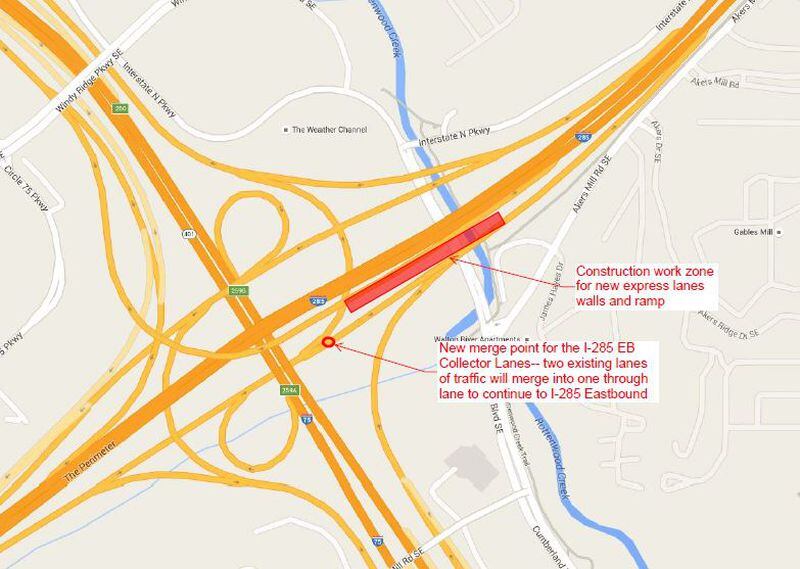 GDOT announced a new merge point for drivers on I-285 Eastbound this Tuesday. Construction for the Northwest Corridor toll lanes project continues in Cobb County. Courtesy of GDOT.
