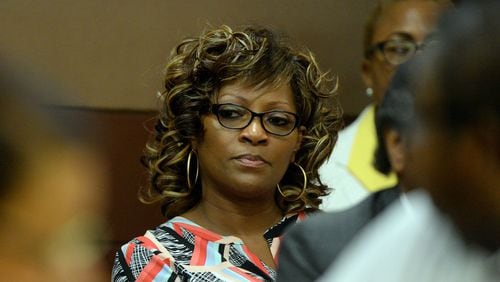 Former APS Dobbs Elementary teacher Angela Williamson sits in court before sentencing starts in the test-cheating case, in September 2015. KENT D. JOHNSON /KDJOHNSON@AJC.COM