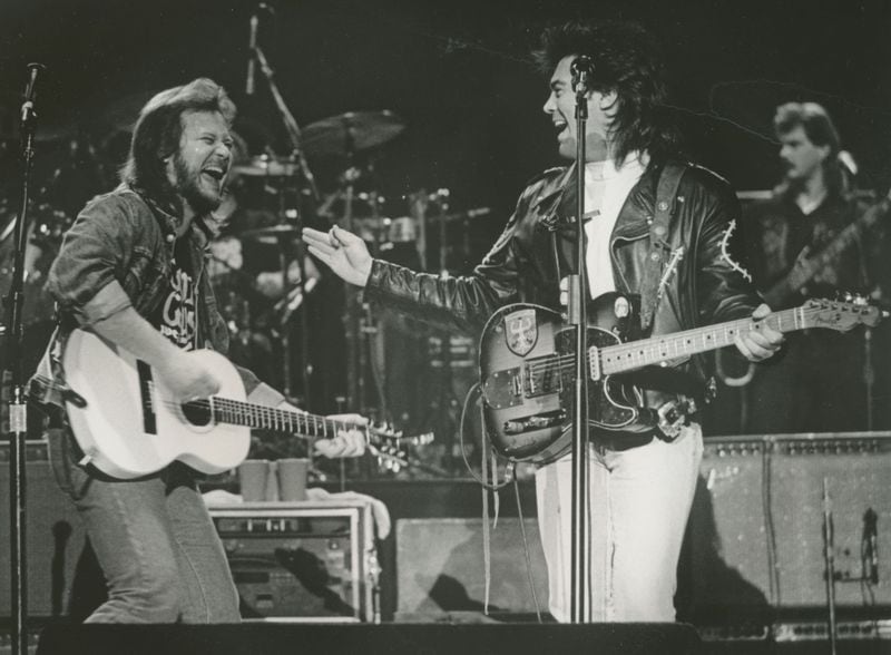 Travis Tritt and Marty Stuart on the Grand Ole Opry, 1991. Photo by Bill Thorup, courtesy Grand Ole Opry Archives