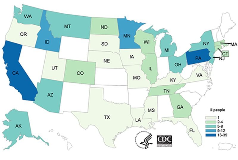 People infected with the outbreak strain of E. coli O157:H7, by state of residence, as of May 15, 2018 (n=172)
