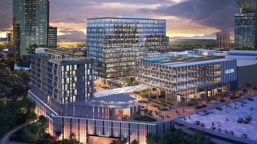 A rendering shows a new 12-story office tower, Nobu hotel and restaurant and a 60,000-square-foot Life Time fitness complex. SPECIAL from Simon