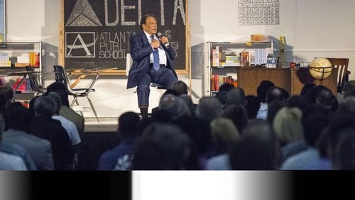 Former Atlanta Mayor and United Nations ambassador Andrew Young speaks at the announcement of a new partnership between Delta Air Lines and Atlanta Public Schools. Chad Rhym/ Chad.Rhym@ajc.com