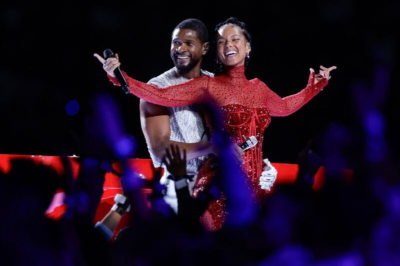 Usher and Alicia Keys perform during  halftime of Super Bowl LVIII on Sunday, Feb. 11, 2024, at Allegiant Stadium in Las Vegas. (L.E. Baskow/Las Vegas Review-Journal/TNS)