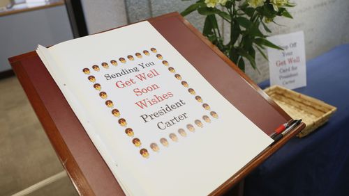 May 14, 2019  - Atlanta - The Carter Center has placed a giant get well card in the lobby for people to sign for President Carter. The former president broke his hip on Monday while heading out to go turkey hunting.  Bob Andres / bandres@ajc.com