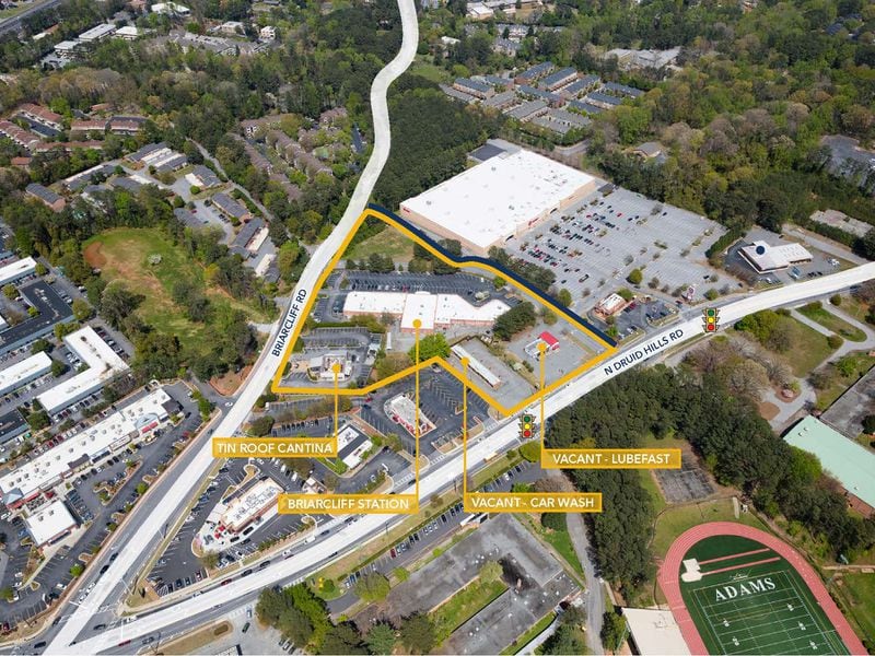 An aerial view of the planned site for "Manor Druid Hills," a mixed-use development near Briarcliff and North Druid Hills roads. The buildings inside the yellow lines would be replaced with office space, a 140-room hotel and nearly 400 apartments. SPECIAL PHOTO