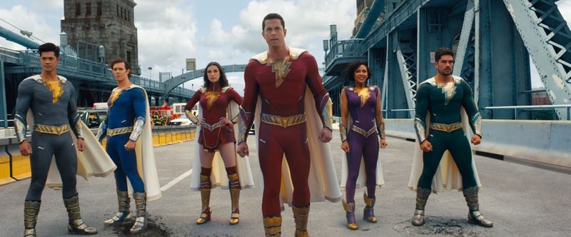 Ross Butler as Super Hero Eugene (from left), Adam Brody as Super Hero Freddy, Grace Caroline Currey as Super Hero Mary, Zachary Levi as Shazam, Meagan Good as Super Hero Darla and D.J. Cotrona as Super Hero Pedro in New Line Cinema’s action adventure “Shazam! Fury of the Gods."