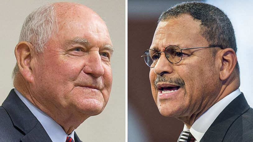Republican U.S. Secretary of Agriculture Sonny Perdue, left, and Democratic U.S. Rep. Sanford Bishop of Albany have long been allies in a relationship that dates to 1991, when they both entered the Georgia Senate. But they are currently at odds over Perdue’s plan to relocate the headquarters of two research divisions of his department, possibly in Athens or Griffin.