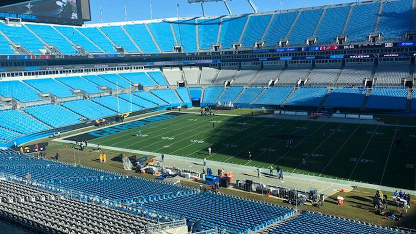 Here’s a pre-game look at the field at Bank of America Stadium on Sunday. The Falcons have a 5-9 record entering the road game against the Panthers. (By D. Orlando Ledbetter/dledbetter@ajc.com)