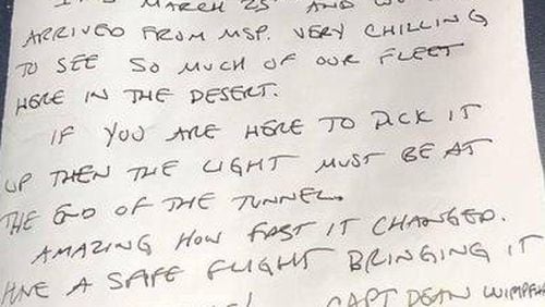 First Officer Chris Dennis' short, handwritten letter left on the flight deck of an A321 parked in the California desert at the beginning of the pandemic was discovered by a fellow pilot, more than a year later. (Image: Delta Air Lines)