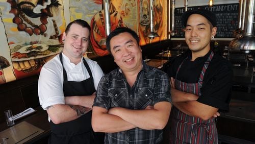 Atlanta chef Richard Tang (center) has created a Facebook group called Quarantine Cuisine, where members share what they’ve been cooking during the coronavirus pandemic, ask questions and watch Tang’s comedic Facebook Live sessions. With Tang in this shot from 2016 are chefs Ryan Catherall (left) and Shaun Byun. CONTRIBUTED BY BECKY STEIN PHOTOGRAPHY