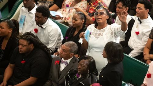 Johnny and Kathie White listen during the funeral service for their daughter Sandra White and her son Arkeyvion White at the Mount Carmel Baptist Church Saturday, April 13, 2019, in Atlanta. Sandra Arkeyvion White where killed during a 16-hour standoff April 4. STEVE SCHAEFER / SPECIAL TO THE AJC
