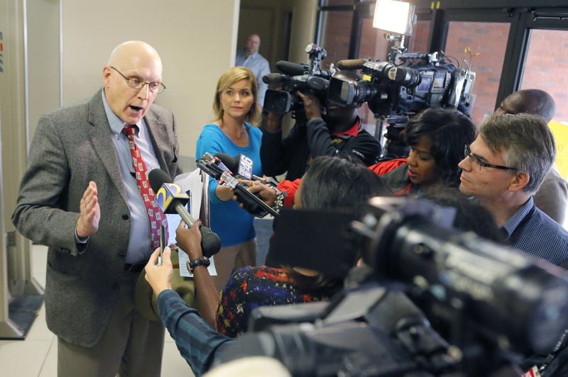Chris Billingsley speaks to the media after he supported keeping a Confederate monument in Decatur during public comments to the DeKalb County Board of Commissioners meeting Tuesday, Oct. 24, 2017. BOB ANDRES /BANDRES@AJC.COM