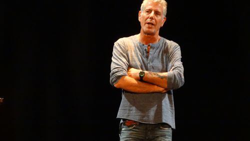 Anthony Bourdain, dressed casually and looking relaxed, amused a nearly full Fox Theatre Saturday night with stories and thoughts about his life. CREDIT: Rodney Ho/rho@ajc.com