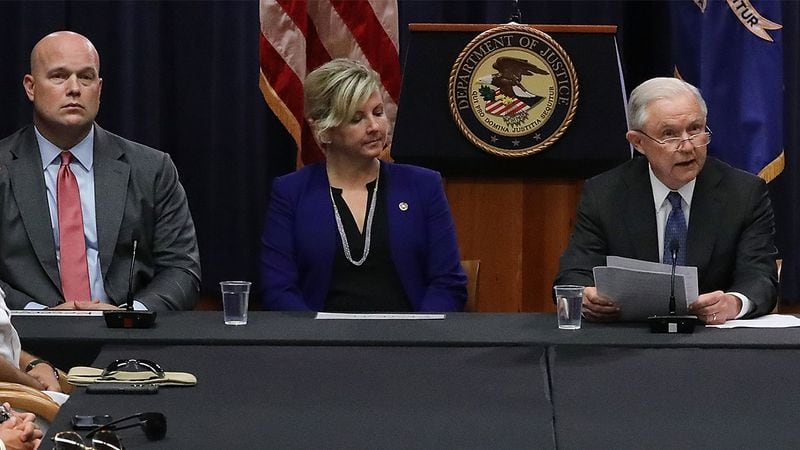 WASHINGTON, DC - AUGUST 29:  (L-R) Department of Justice Chief of Staff Matt Whitaker, the FBI's Kristi Johnson and  U.S. Attorney General Jeff Sessions participate in a round table event with the Joint Interagency Task Force .
