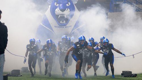 Georgia State players prepare to take the field at Georgia State Stadium for their game against Troy on Oct. 26, 2019. (Photo by Todd Drexler)