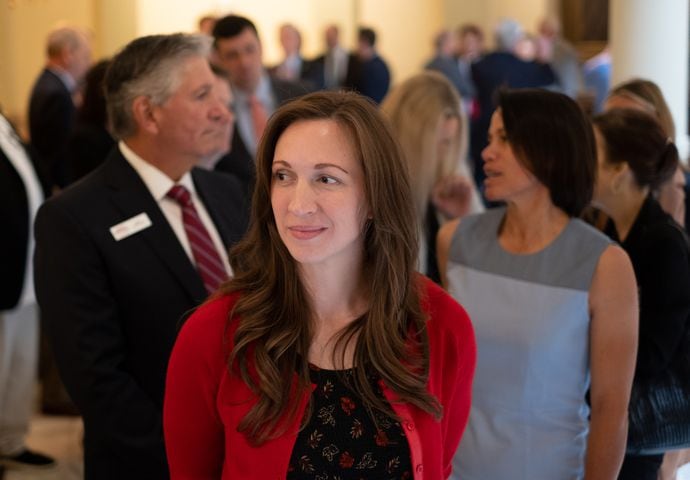 Jennifer Strahan waits in line to qualify to challenge Rep. Marjorie Taylor Greene on the first day of qualifying Monday, March 7, 2022, at the Georgia State Capitol. (Ben Gray for The Atlanta Journal-Constitution)
