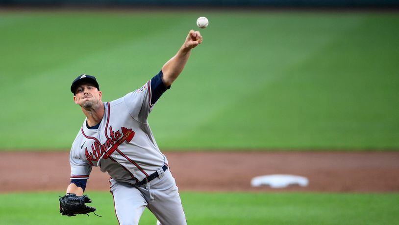 Braves starting pitcher Drew Smyly throws during the first inning against the Baltimore Orioles, Saturday, Aug. 21, 2021, in Baltimore. (Nick Wass/AP)