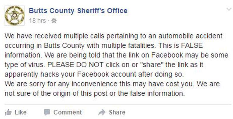 The Butts County Sheriff’s Office is warning of a false story on Facebook. (Credit: Facebook/ButtsCountySheriff)