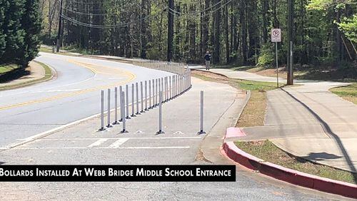 Alpharetta has installed a line of bollards near the entrance to Webb Bridge Middle School. (Courtesy City of Alpharetta)