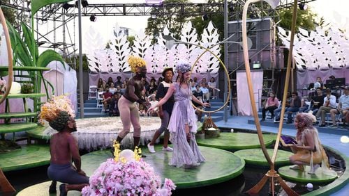 “A Midsummer Night’s Dream” was presented by the Alliance Theatre in an open-air stage, constructed inside the Atlanta Botanical Garden. Actors and audiences dealt with rain, heat and the occasional honeybee, but the setting enhanced the drama. CONTRIBUTED BY ALLIANCE THEATRE