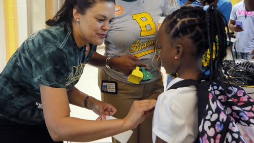 Superintendent Meria Carstarphen  met students at  Boyd Elementary School on Aug. 1, the first day of school for the 2018-2019 school year.  BOB ANDRES  /BANDRES@AJC.COM