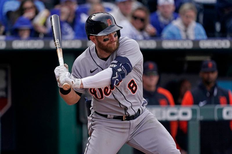 Detroit Tigers' Robbie Grossman bats during the fifth inning of a baseball game against the Kansas City Royals Saturday, April 16, 2022, in Kansas City, Mo. (AP Photo/Charlie Riedel)