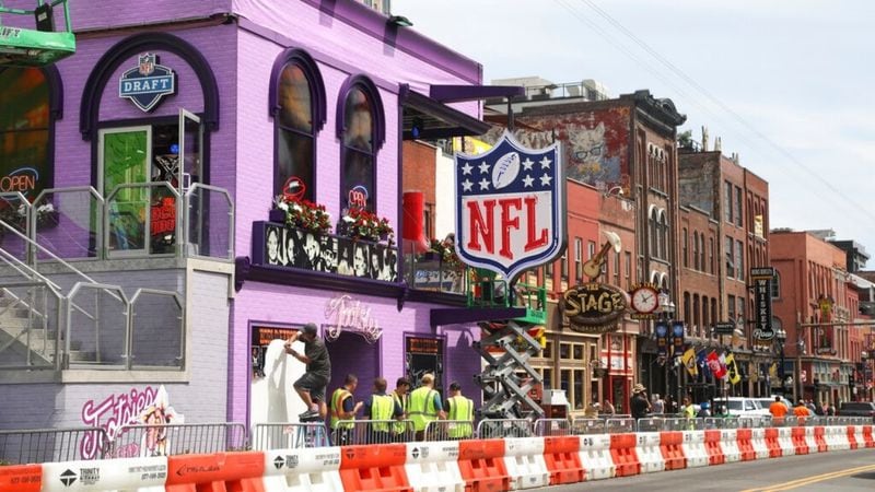 Crews set up stage for NFL Draft on Tuesday, April 23, 2019 in Nashville, Tenn. 