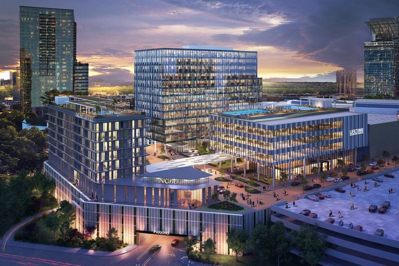 A rendering shows a new 12-story office tower, Nobu hotel and restaurant and a 60,000-square-foot Life Time fitness complex. SPECIAL from Simon