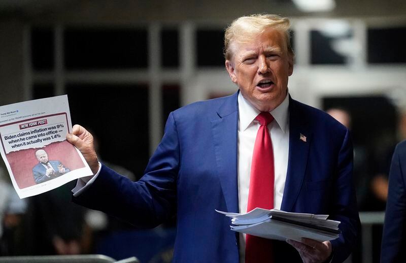 Former President Donald Trump speaks to the press before leaving for the day at his trial at Manhattan Criminal court in New York, Friday, May 10, 2024. (Timothy A. Clary/Pool Photo via AP)