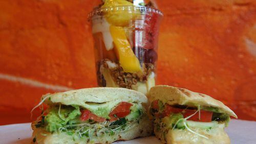 Just Veggin' sandwich and a Dolce Vitta fruit cup from LottaFrutta. (Becky Stein/SPECIAL)