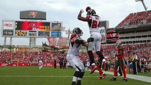 TAMPA, FL - NOVEMBER 09: Roddy White #84 of the Atlanta Falcons reacts after scoring a touchdown during the second half of the game against the Tampa Bay Buccaneers at Raymond James Stadium on November 9, 2014 in Tampa, Florida. (Photo by Mike Ehrmann/Getty Images) Roddy White's fourth-quarter touchdown catch gave the Falcons a lead. (Mike Ehrmann/Getty Images)