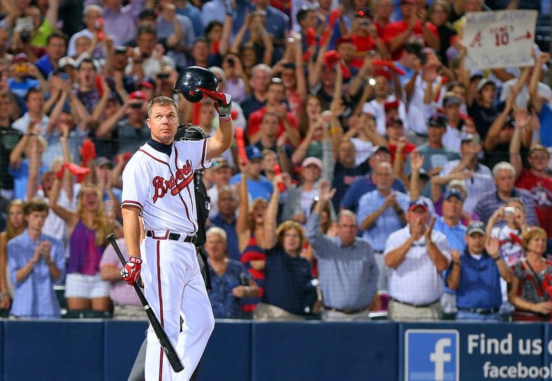 Chipper Jones tips his cap to the crowd as he takes the plate for the last at bat of his career in a 6-3 loss to St. Louis in the National League wild card game at Turner Field in Atlanta on Friday , Oct. 5, 2012.  CURTIS COMPTON / CCOMPTON@AJC.COM