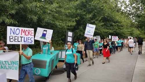 The group Beltline Rail Now organized a march and rally Sunday afternoon, October 6, 2019, to urge MARTA to make a light rail project a top priority. (Photo: Stephen Deere/AJC)