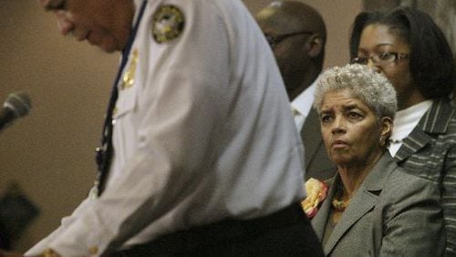 Former Atlanta Mayor Shirley Franklin watches former  police chief Richard Pennnington at a 2009 press conference. Pennington and Franklin served together.  Bob Andres,