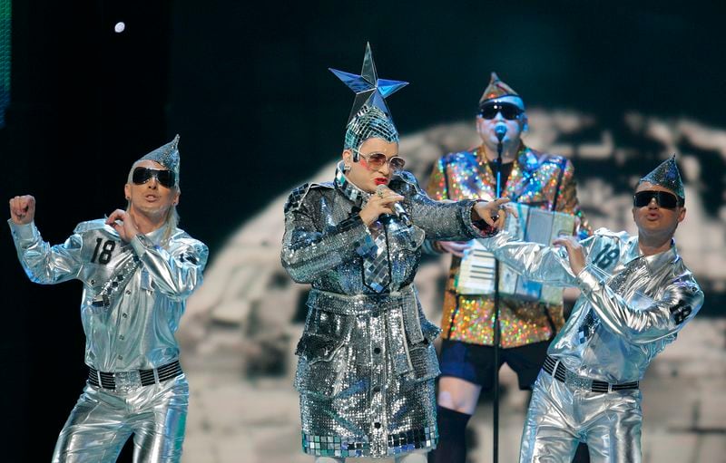 FILE - Ukraine's Verka Serduchka sings 'Dancing Lasha Tumbai' at a dress rehearsal for the 2007 Eurovision Song Contest, in Helsinki, Finland, May 12, 2007. The 68th Eurovision Song Contest is taking place in May in Malmö, Sweden. It will see acts from 37 countries vie for the continent’s pop crown. Founded in 1956, Eurovision is a feelgood extravaganza that strives to banish international strife and division. It’s known for songs that range from anthemic to extremely silly, often with elaborate costumes and spectacular staging. (AP Photo/Alastair Grant, File)
