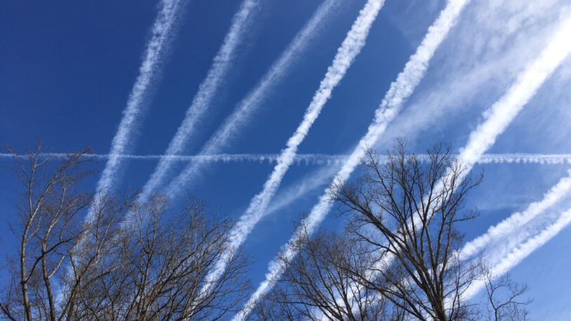 "Do you think there was enough airplane activity in the sky?  This was taken from my driveway on March 8, 2020 and there were more contrails than just these, but couldn’t get them all in," wrote Carol Crooks of Jonesboro.