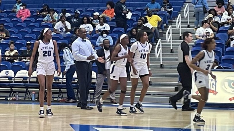 Lovejoy players return to the court after a timeout during their 71-56 victory over Rockdale County in the Class 6A girls semifinals Saturday, March 5, 2022, at the University of West Georgia.