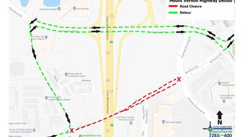 Map shows the recommended detours when Mount Vernon Highway is closed at Ga. 400 in Sandy Springs. GEORGIA DEPARTMENT OF TRANSPORTATION