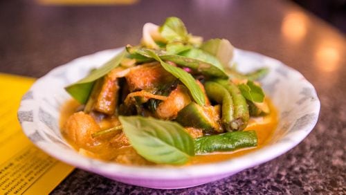 Talat Market serves a Thai red curry catfish with eggplant, rattlesnake beans, lime basil, ginger and pickled green tomatoes. / (Jenni Girtman/ Atlanta Event Photography)