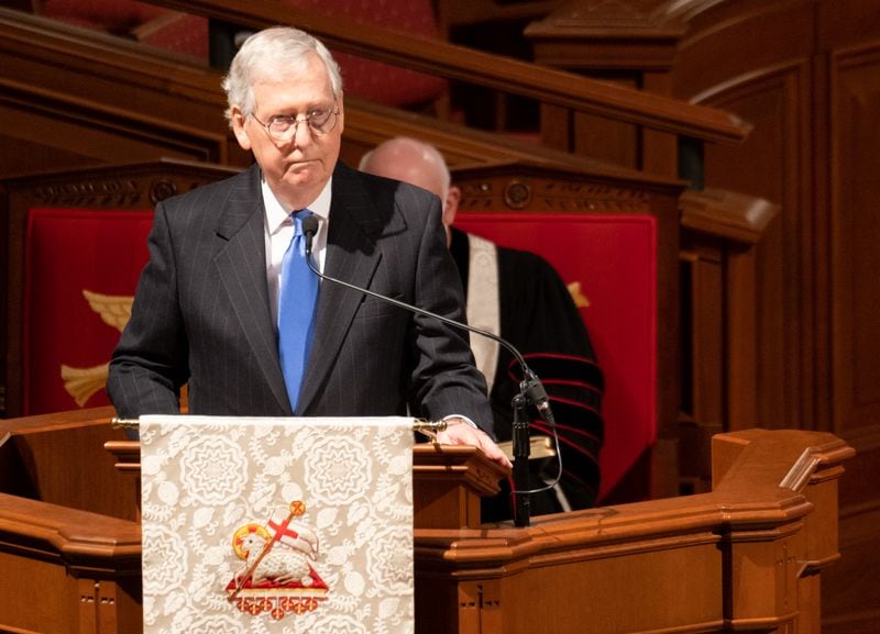 Senate Minority Leader Mitch McConnell, delivering a eulogy of the late U.S. Sen. Johnny Isakson, called him a gentleman who “treated everybody with respect and unfailing kindness.” Ben Gray for the Atlanta Journal-Constitution