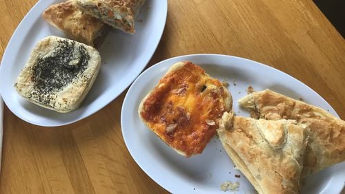 Australian Bakery Cafe offers a variety of savory hand pies and pastys. Pictured, from left: Steak and Kidney pie, Vegetable Pasty, Ned Kelly and the Outback Pepperjack Chicken Pie. / Ligaya Figueras