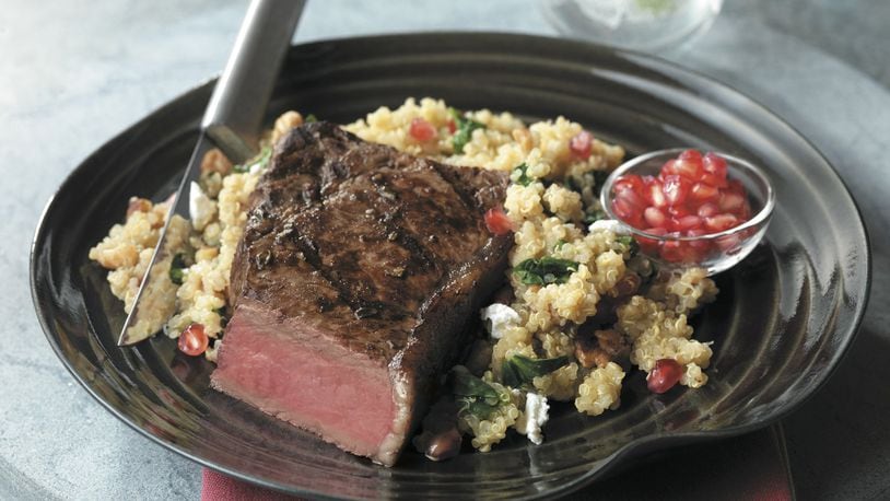 Sunday’s Pomegranate Steak is served with quinoa. Contributed by The Beef Checkoff; BeefItsWhatsForDinner.com