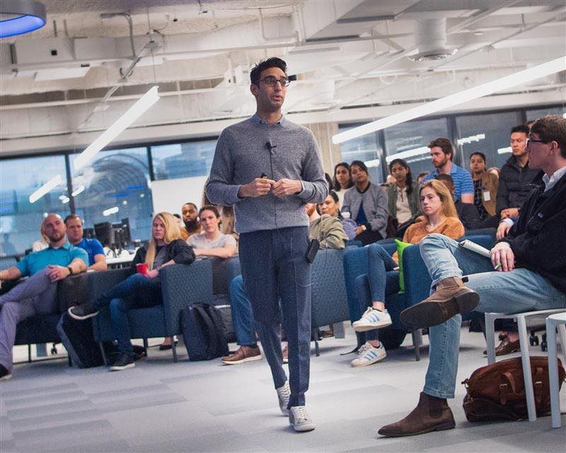 Kabir Barday holds a team meeting at OneTrust in Atlanta in February 2020. OneTrust, a high-tech startup, was named as the company with the fastest-growing revenue in the U.S. in 2020 by media company Inc. Courtesy of OneTrust.